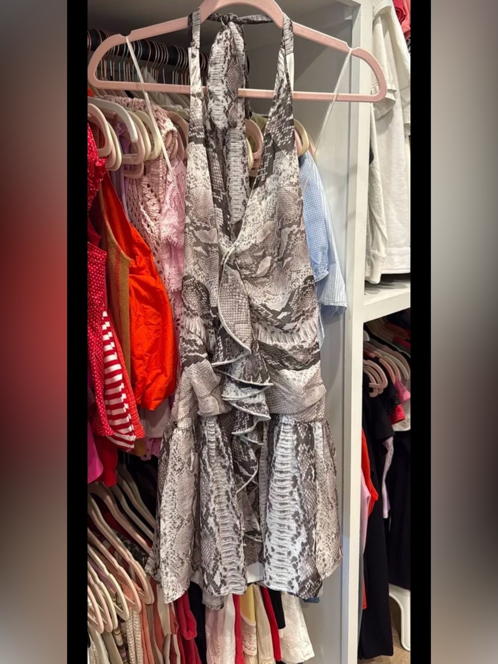 Snake-Print Ruffle Mini Dress - Neutral Gray - Picture 4 of 5